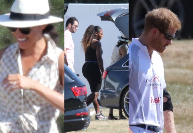 Roześmiana księżna Meghan i Serena Williams z mężem kibicują Harry'emu na meczu polo