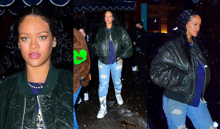 Rihanna w bomberce za 5,5 tysiąca i oryginalnych butach drałuje przez zaśnieżoną ulicę na randkę z ASAPem Rocky (ZDJĘCIA)