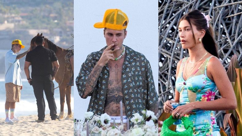 Zrelaksowany Justin Bieber głaszcze konia i pali cygaro na luksusowym urlopie z Hailey Bieber (ZDJĘCIA)