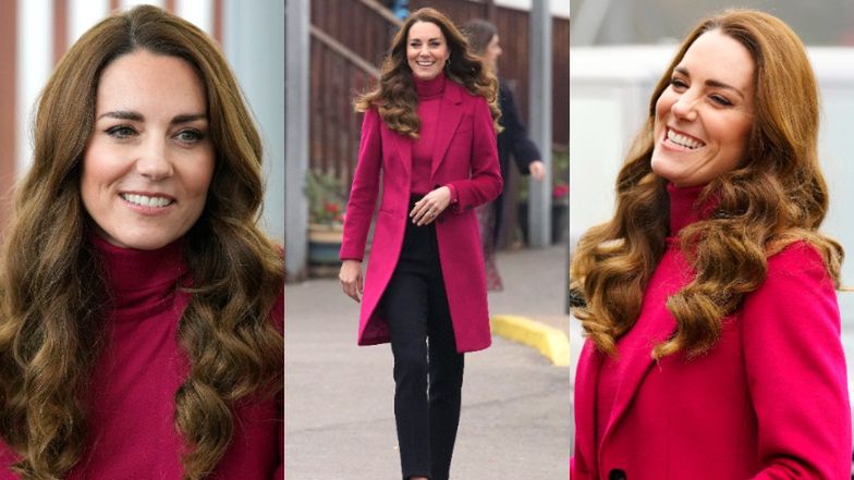 Kate Middleton rozdaje uśmiechy w malinowym płaszczu za 1500 złotych (ZDJĘCIA)