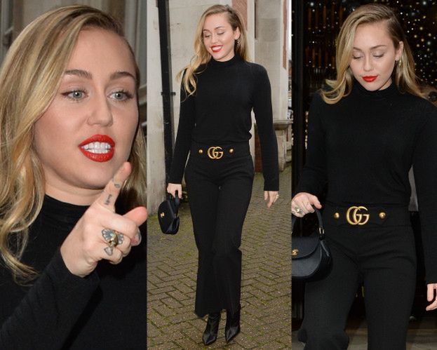 Elegancka Miley Cyrus wychodzi z hotelu w czerni od stóp do głów