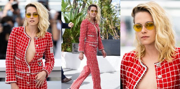 Rozgogolona Kristen Stewart z dekoltem do pasa przykuwa spojrzenia w kraciastym kombinezonie Chanel (ZDJĘCIA)