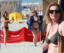 Wiecznie młoda Grażyna Szapołowska pręży się w bikini, pozując z chustą do sesji na plaży w Juracie (ZDJĘCIA)