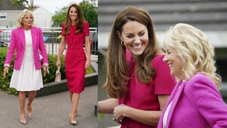 Rozpromieniona Kate Middleton w malinowej sukience Alexandra McQueena wymienia grzeczności z Jill Biden na szczycie G7 (ZDJĘCIA)