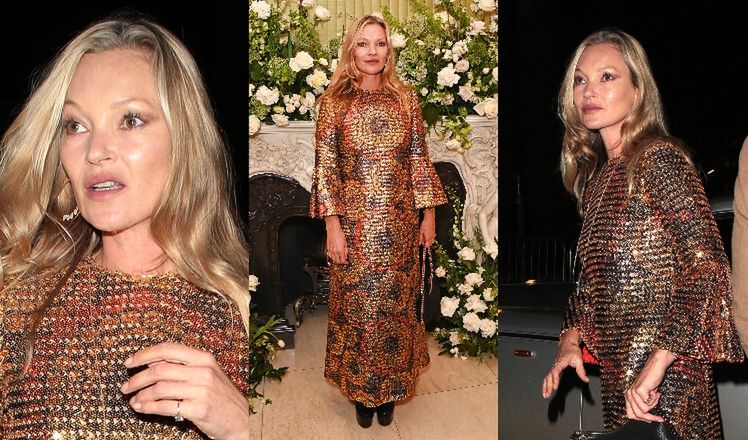 48-letnia Kate Moss w złotej sukni z poprzedniej epoki drepcze na imprezę "Vogue'a" (ZDJĘCIA)