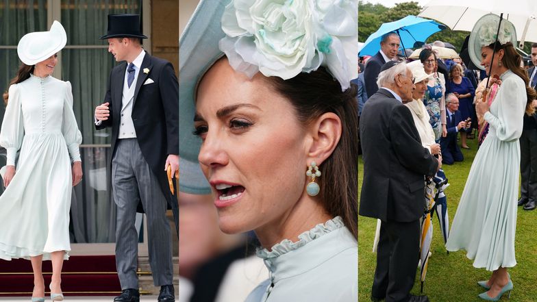 Miętowa Kate Middleton z Williamem i parasolką na podorędziu zagaduje gości na królewskim przyjęciu (ZDJĘCIA)