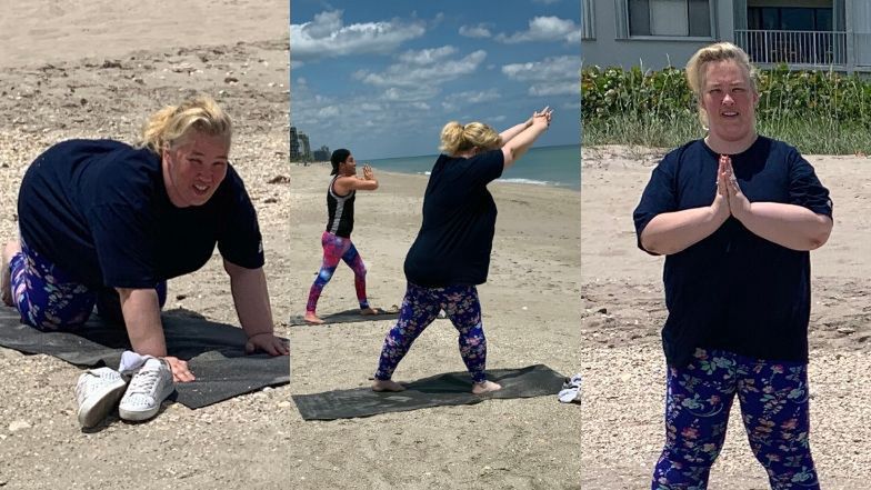 Zdeterminowana mama June walczy o wymarzoną sylwetkę podczas treningu jogi na plaży (ZDJĘCIA)