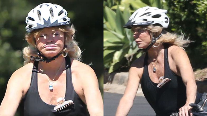 Cyklistka Goldie Hawn prezentuje WYDATNE USTA podczas rowerowego rajdu po osiedlu (ZDJĘCIA)