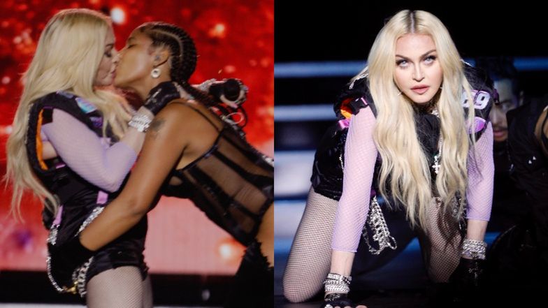 63-letnia Madonna CAŁUJE SIĘ na scenie z 26-letnią raperką, która chwilę wcześniej lizała jej KROCZE (WIDEO)