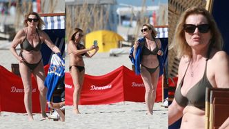 Wiecznie młoda Grażyna Szapołowska pręży się w bikini, pozując z chustą do sesji na plaży w Juracie (ZDJĘCIA)