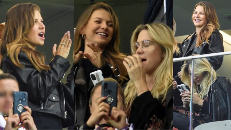 Anna Lewandowska i Zofia Ślotała z przyrośniętym do twarzy smartfonem bawią się na meczu z San Marino. Widziała w ogóle płytę boiska? (ZDJĘCIA)