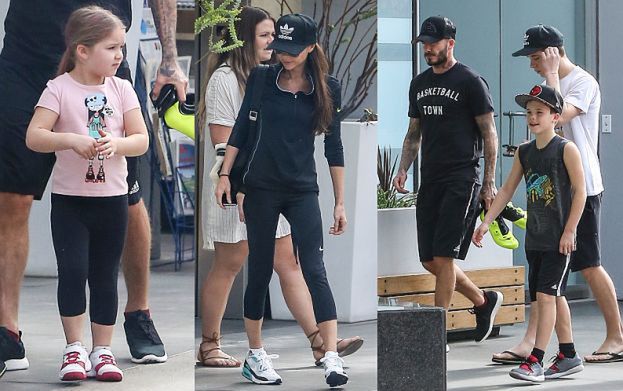 Rodzina Beckhamów w komplecie: zarośnięty David, Victoria w sportowych butach (ZDJĘCIA)