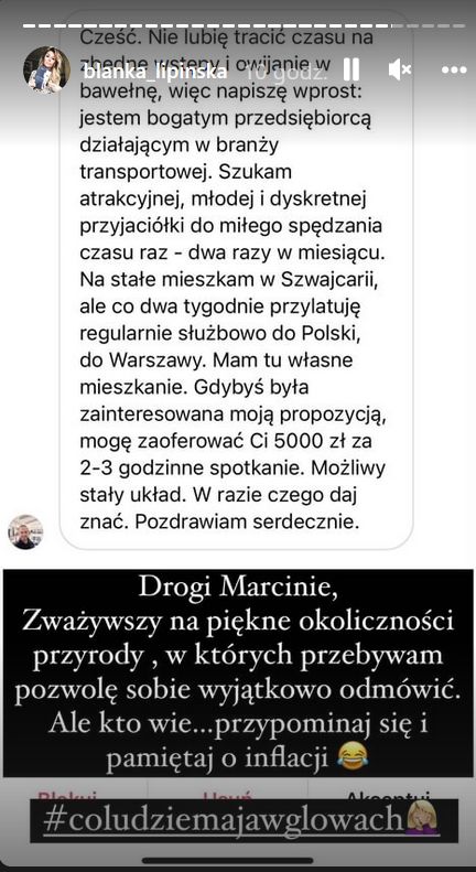 Blanka Lipińska odnosi się do propozycji SEKSU ZA PIENIĄDZE. "Przypominaj się i pamiętaj o INFLACJI"