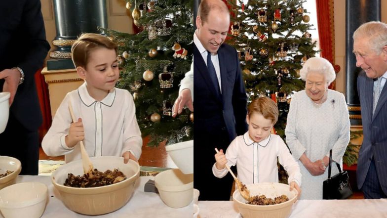 6-letni książę George ochoczo miesza składniki na świąteczny pudding pod okiem taty, dziadka i prababci (ZDJĘCIA)