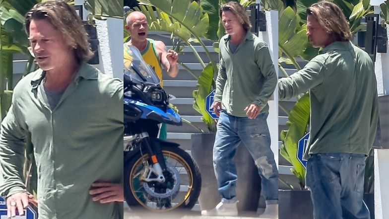 Zapuszczony Brad Pitt podziwia warty ponad 80 TYSIĘCY ZŁOTYCH motocykl basisty Red Hot Chilli Peppers (ZDJĘCIA)