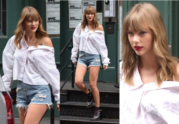 Taylor Swift w deformującej sylwetkę koszuli