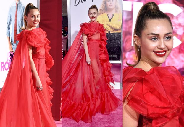 Szczęśliwa Miley Cyrus w czerwonej sukni Valentino zastępuje chorego męża