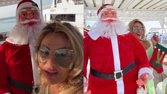 Dagmara Kaźmierska z plastikowym Mikołajem u boku pozdrawia z prywatnego jachtu: "Zapraszam na WSPÓLNY REJS"