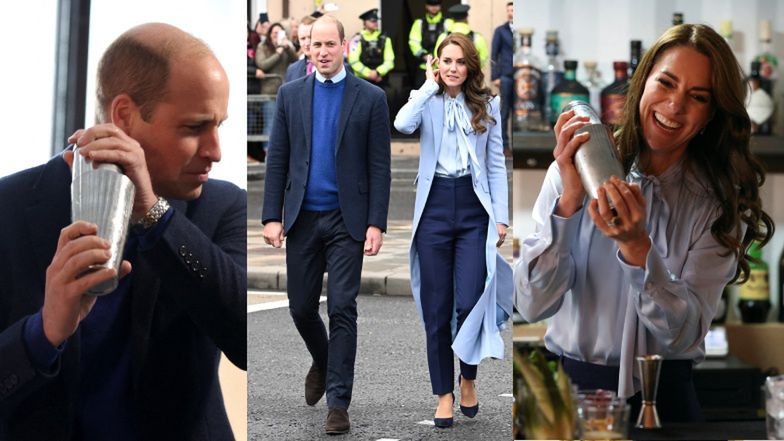 Przyodziana w błękitną koszulę Kate Middleton razem z księciem Williamem prezentują BARMAŃSKIE umiejętności w Belfaście (ZDJĘCIA)
