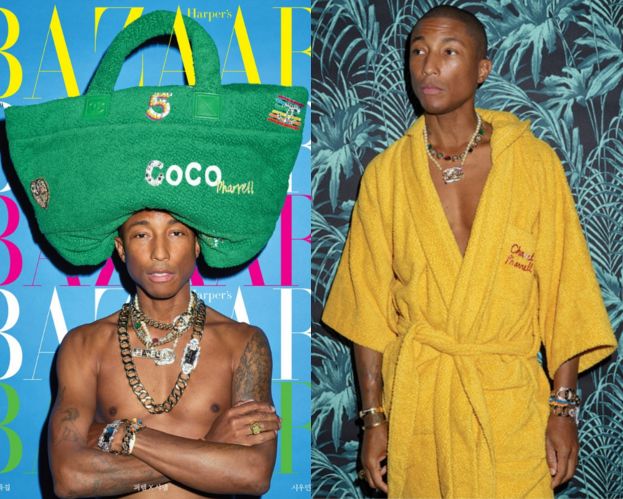 Wiecznie młody Pharrell Williams pozuje z torbą na głowie w sesji dla "Harper's Bazaar"
