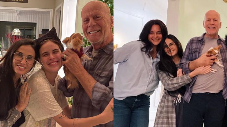 Bruce Willis poses with his ex and current wife.  Forever Young Demi Moore Joyfully Announces, “We’re One FAMILY!”  (PHOTO)