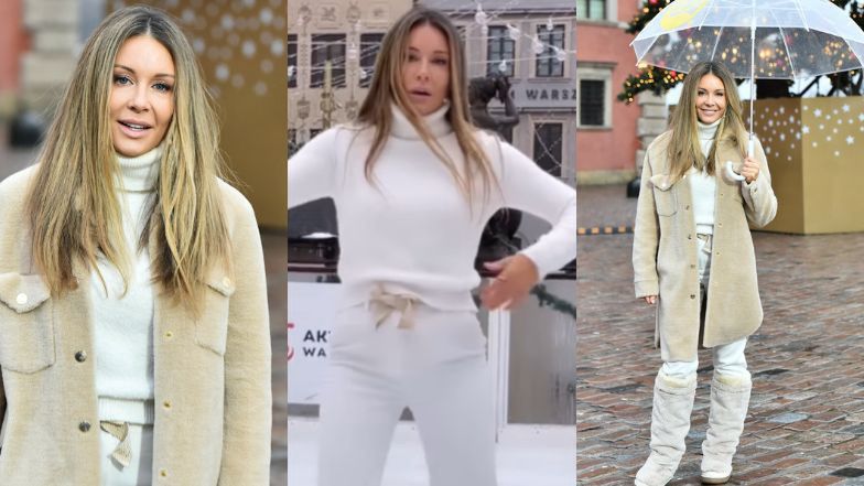 Małgorzata Rozenek con un abrigo beige y botas de nieve y sonriendo frente a la Plaza del Castillo en ‘Buenos días TVN’ (FOTOS)