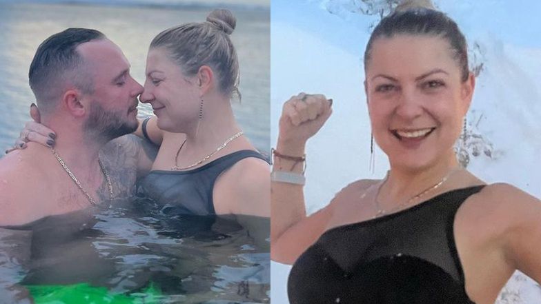 Magdalena Narożna bends over in BIKINI in Iceland, pampering her beloved.  Romantic?  (IMAGES)