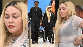 Opuchnięta Madonna maszeruje z synem po lotnisku, ciągnąc po ziemi za długie dresy (ZDJĘCIA)