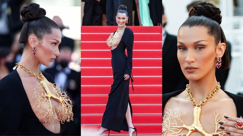 Cannes 2021. Bella Hadid paraduje po czerwonym dywanie w naszyjniku imitującym PŁUCA (ZDJĘCIA)
