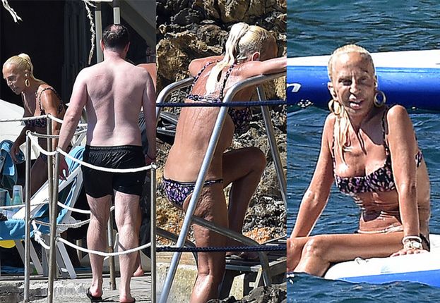 Pomarszczona Donatella Versace opala się w bikini (ZDJĘCIA)