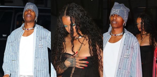 Rihanna w prześwitującej sukience walczy z niesfornym dekoltem na randce z ASAP Rockym (ZDJĘCIA)