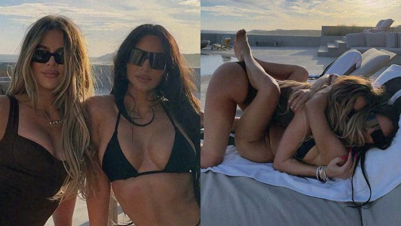 Kim i Khloe Kardashian eksponują szczupłe sylwetki, wijąc się w strojach kąpielowych na leżaku (ZDJĘCIA)