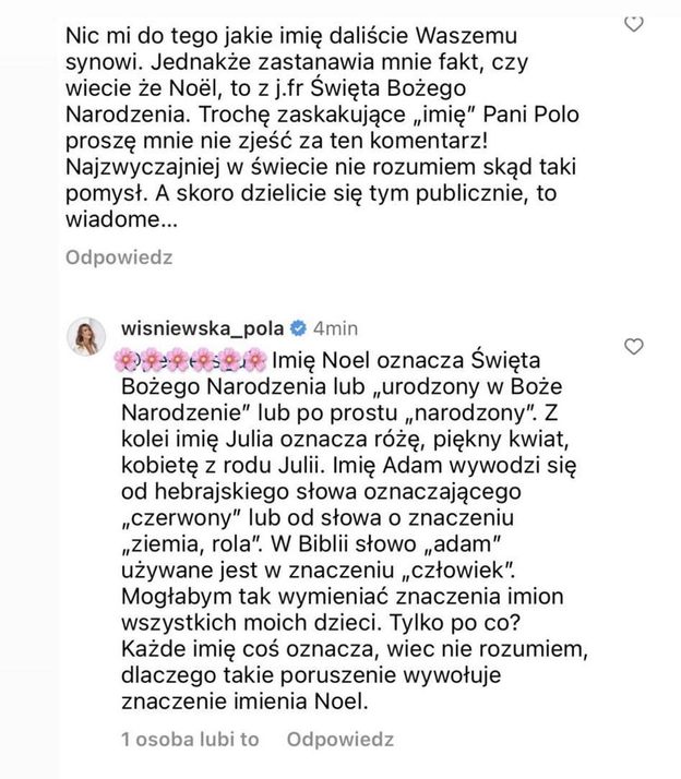 "Fanka" tłumaczy Poli Wiśniewskiej znaczenie imienia Noel i dopytuje: "SKĄD TAKI POMYSŁ?". Żona Michała już zareagowała