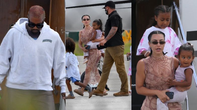 Posągowa Kim Kardashian w towarzystwie KANYE WESTA i dzieci opuszcza prywatny samolot na lotnisku w Malibu (ZDJĘCIA)