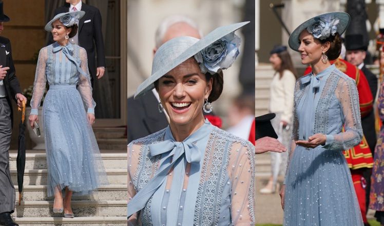 Kate Middleton "recyklinguje" błękitną stylizację i dobiera biżuterię z DIAMENTAMI na koronacyjne garden party (ZDJĘCIA)