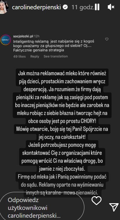 Zdenerwowana Caroline Derpienski grozi Katarzynie Nosowskiej pozwem, grzmiąc na Instagramie: "BOJĘ SIĘ TEJ PANI"