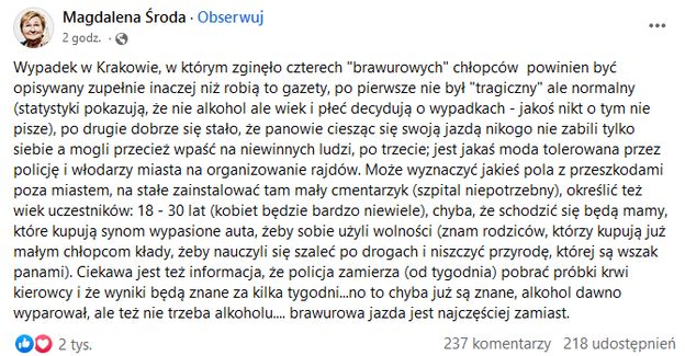Magdalena Środa ostro o wypadku, w którym zginął syn Sylwii Peretti. "Dobrze, że nikogo nie zabili tylko siebie. Mogli wpaść na NIEWINNYCH LUDZI"