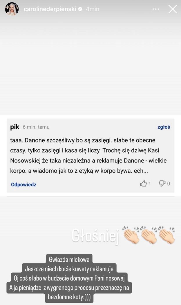 Caroline Derpienski komentuje oświadczenie Danone i ZNÓW UDERZA w Katarzynę Nosowską. "Jeszcze niech kocie kuwety reklamuje"