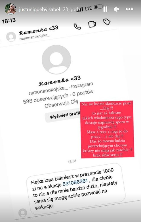 Internautka poprosiła Izabelę Macudzińską o przelanie TYSIĄCA ZŁOTYCH na wakacje. Celebrytka odpowiedziała fance
