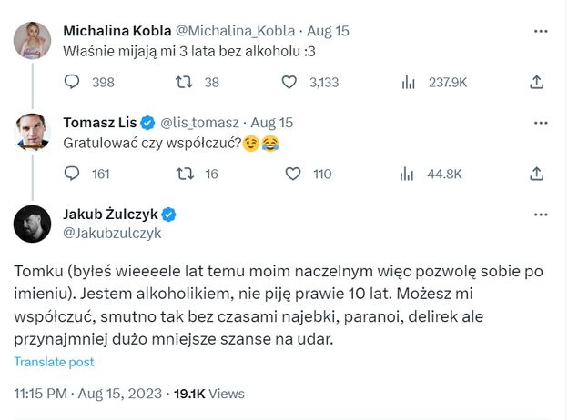 Tomasz Lis zapytał dziennikarkę, czy "współczuć" jej trzech lat bez alkoholu. Jakub Żulczyk OSTRO ustawił go do pionu
