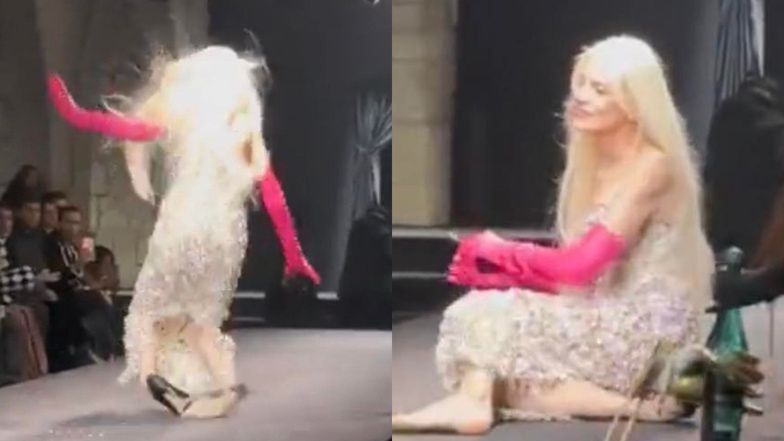 ¡Modelo de moda cae al suelo en el desfile de Valentino en París!  Los fanáticos están preocupados por su salud: «¿Qué pasó con los pies?»  (Video)