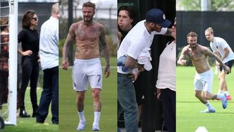 David Beckham prezentuje muskulaturę podczas rodzinnego meczu piłki nożnej na opustoszałym stadionie w Miami (ZDJĘCIA)