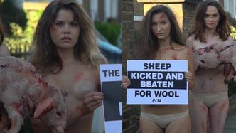 Półnagie, zakrwawione członkinie PETA protestują w Londynie. "Naga prawda: wełna rani!"