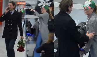 Majdan z różami wita Rozenek na lotnisku