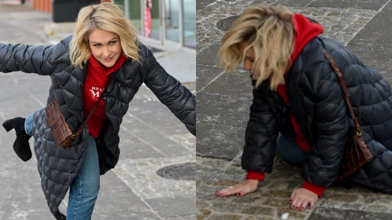 Małgorzata Ohme runęła na ziemię, próbując zrobić jaskółkę przed studiem "Dzień Dobry TVN" (ZDJĘCIA)