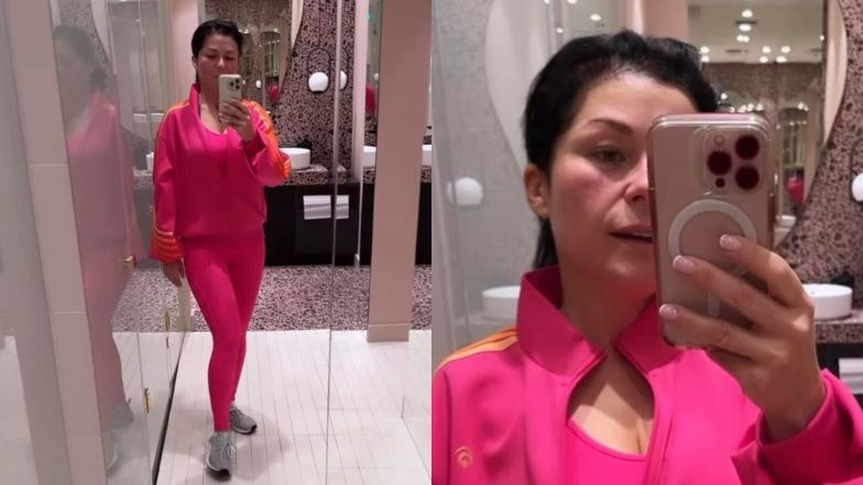 Katarzyna Cichopek, bez makijażu i wymęczona treningiem, pręży się przed lustrem w różowym komplecie (ZDJĘCIA)