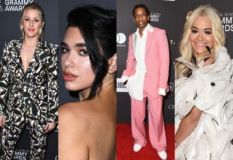 Grammy 2019: Rita Ora w piórach, elegancka Dua Lipa, A$ap Rocky w różu i nowa twarz Ellie Goulding pozują na imprezie Clive'a Davisa (ZDJĘCIA)
