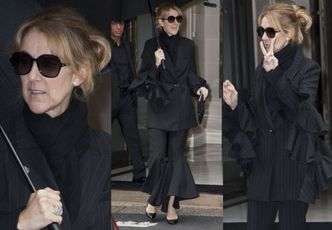Celine Dion w czarnym garniturze z falbanami