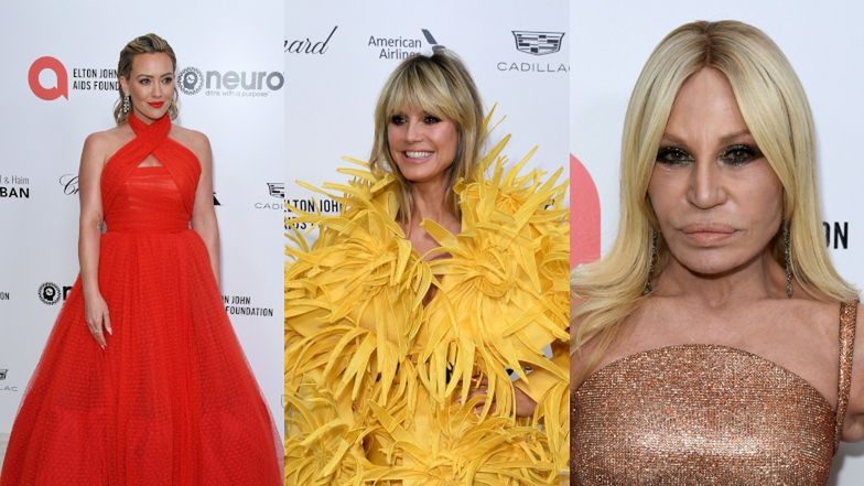 Oscary 2023. Zatrzęsienie kolorów na imprezie Eltona Johna: Heidi Klum jako Wielki Ptak, młodzieńcza Donatella Versace (ZDJĘCIA)