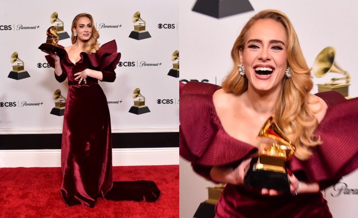 Wyfiokowana Adele w spektakularnej kreacji Louis Vuitton świeci kolejny triumf na Grammy (ZDJĘCIA)